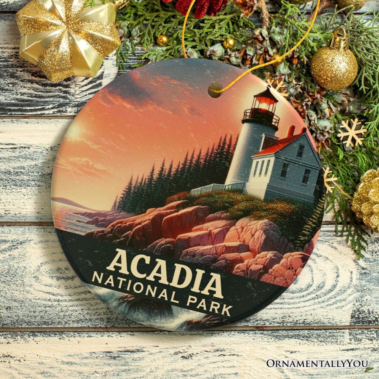 Vintage Acadia National Park Ornament, Maine Lighthouse Christmas Gift and Coastal New England Souvenir